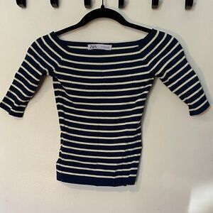 ZARA Navy and White Boatneck Striped Knit Top